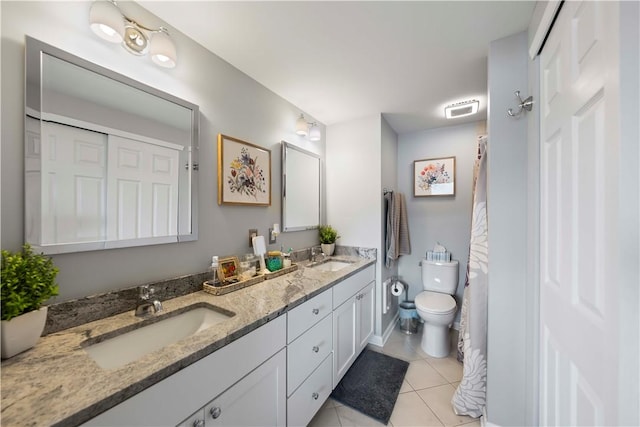 bathroom featuring vanity, tile patterned floors, and toilet