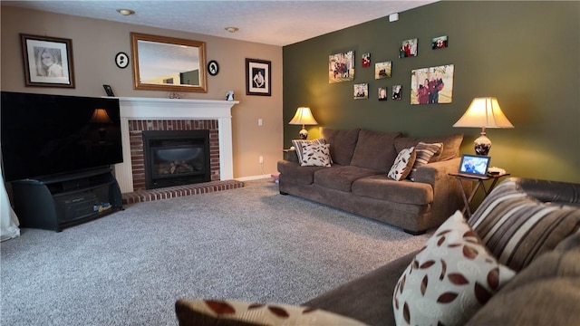 carpeted living room featuring a brick fireplace