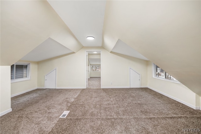 additional living space with vaulted ceiling and carpet floors