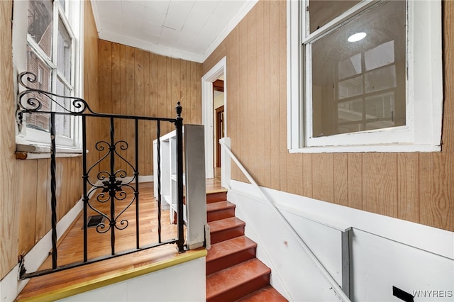 stairway featuring ornamental molding, hardwood / wood-style floors, and wooden walls