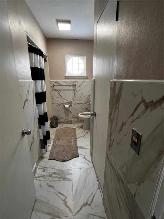 49 Lewis St, Maine, NY 13760 - full bathroom with toilet, curtained shower, wainscoting, and marble finish floors