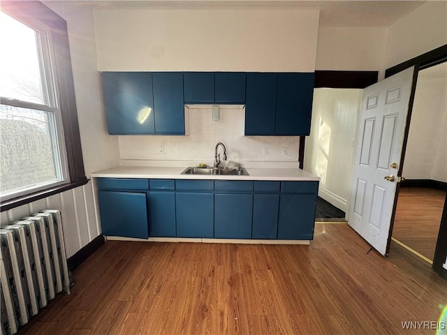 kitchen with radiator, hardwood / wood-style floors, blue cabinetry, and sink