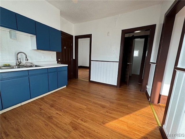 kitchen with sink, hardwood / wood-style floors, a textured ceiling, blue cabinets, and decorative backsplash