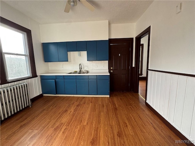 kitchen with radiator, sink, tasteful backsplash, light hardwood / wood-style floors, and blue cabinets