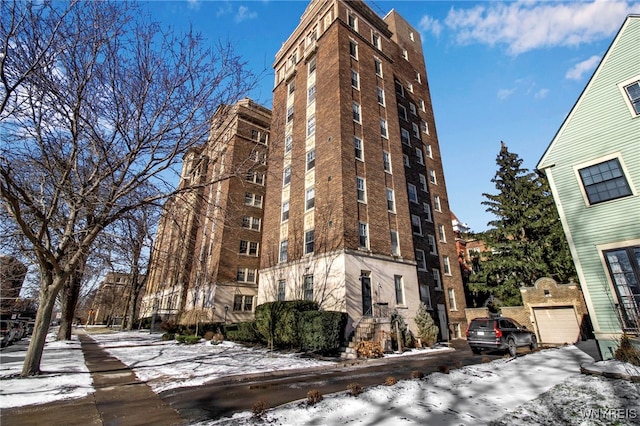 view of snow covered building