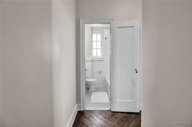 hall with dark hardwood / wood-style floors and tile walls