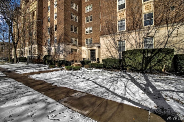 view of snow covered building