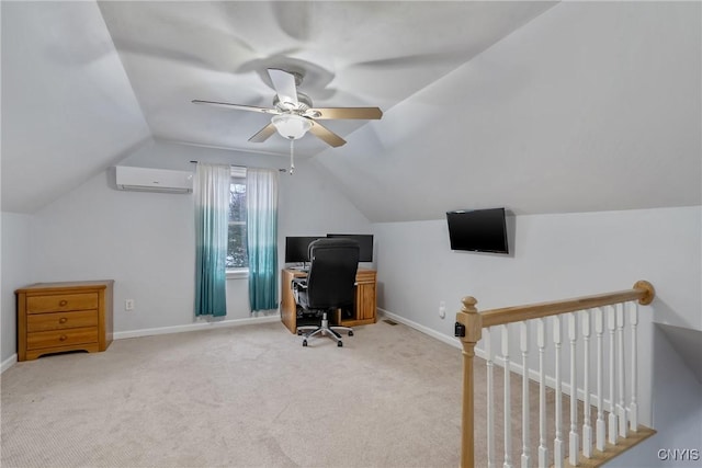 carpeted home office with ceiling fan, lofted ceiling, and a wall mounted air conditioner