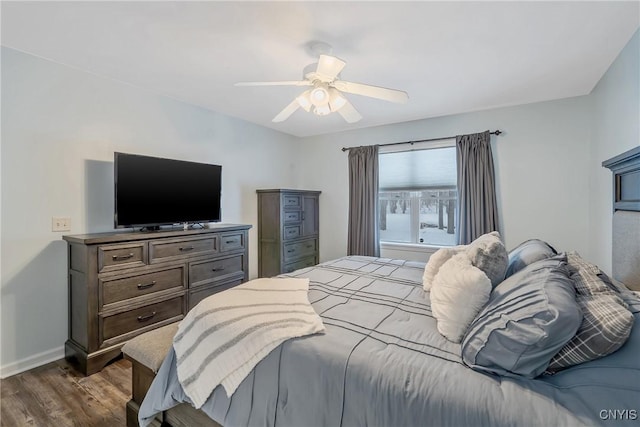 bedroom featuring ceiling fan and dark hardwood / wood-style floors