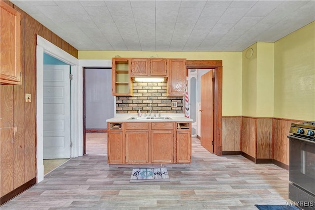 kitchen with wooden walls, light hardwood / wood-style floors, sink, and black gas range oven