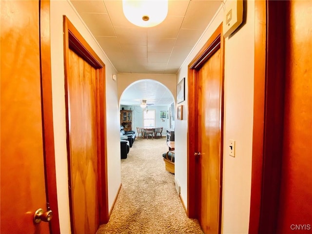 hall featuring light colored carpet