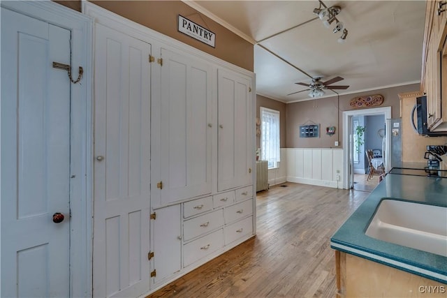 kitchen with sink, crown molding, white cabinetry, light hardwood / wood-style flooring, and radiator