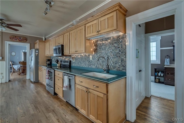 kitchen with light brown cabinetry, sink, tasteful backsplash, light hardwood / wood-style flooring, and appliances with stainless steel finishes