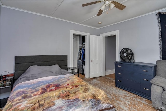 bedroom with crown molding and ceiling fan