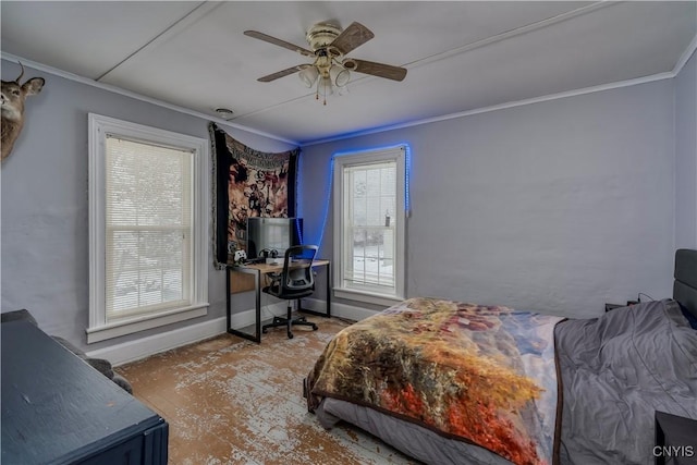 bedroom featuring ornamental molding and ceiling fan