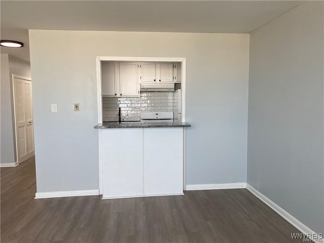 kitchen featuring tasteful backsplash, dark hardwood / wood-style flooring, dark stone countertops, and range