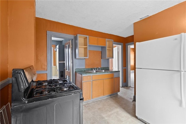 kitchen with white fridge, sink, stainless steel gas range, and a textured ceiling