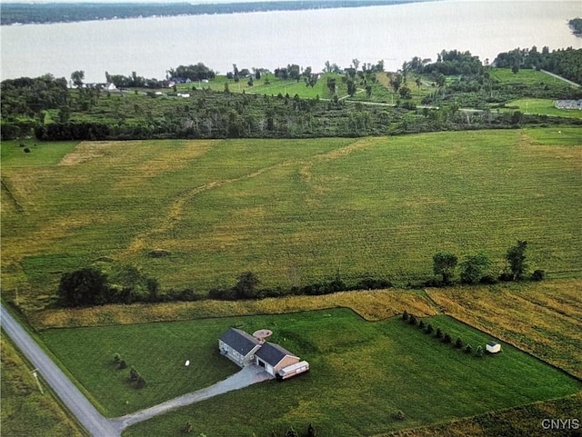 bird's eye view featuring a rural view and a water view