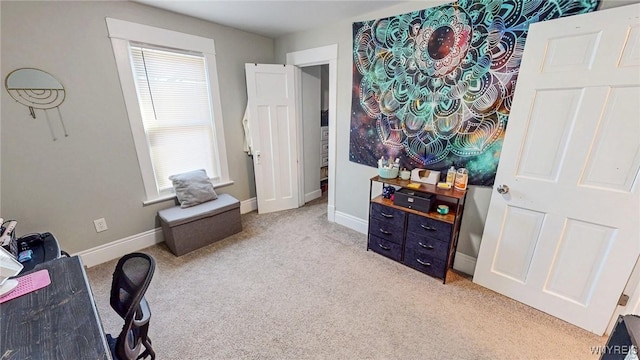 sitting room featuring light carpet