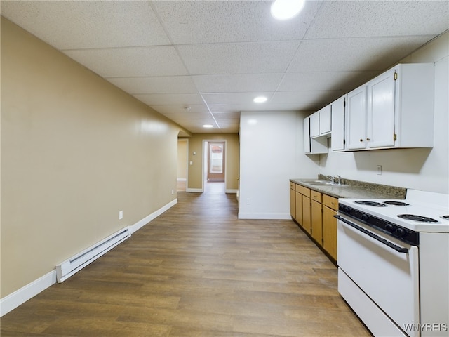 kitchen featuring sink, white electric range, white cabinets, a baseboard radiator, and light wood-type flooring