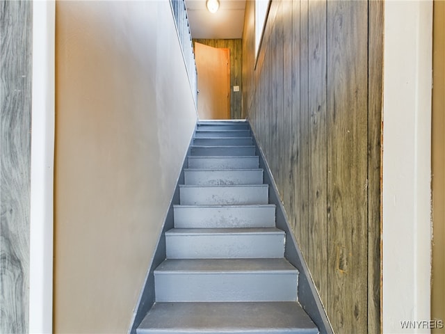 staircase with wooden walls