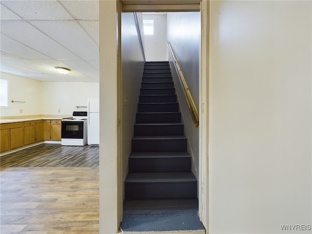 stairs with hardwood / wood-style flooring and a drop ceiling