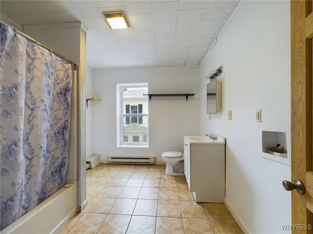 full bathroom featuring baseboard heating, shower / tub combo, tile patterned flooring, vanity, and toilet