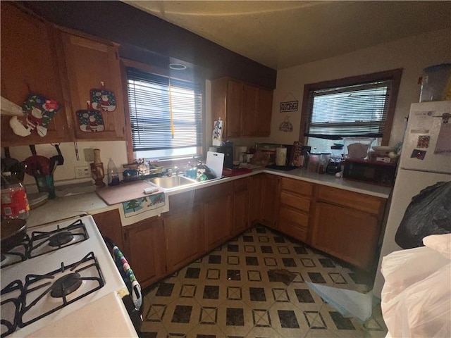 kitchen featuring white appliances, plenty of natural light, and sink