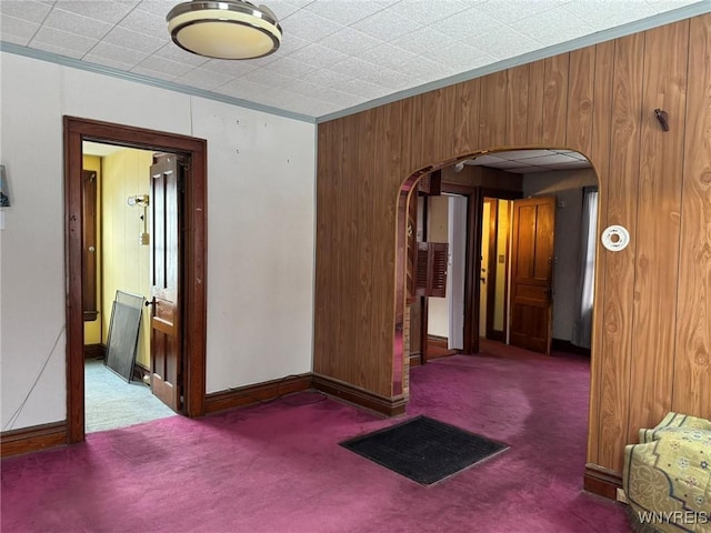 carpeted empty room featuring ornamental molding and wood walls