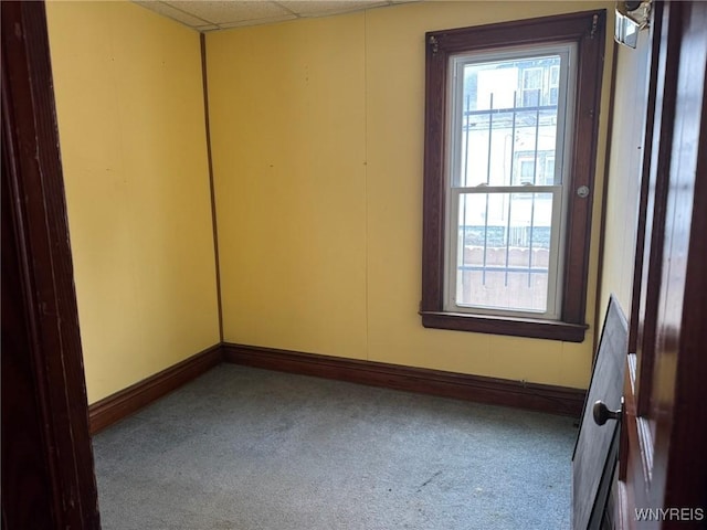 empty room with carpet flooring and a paneled ceiling