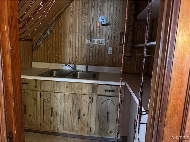 kitchen with sink and wood walls