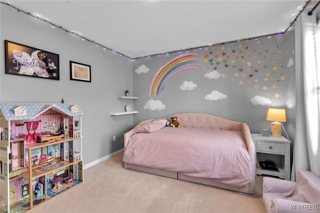 bedroom featuring light carpet