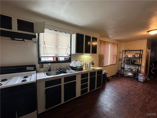 kitchen with dark wood-type flooring, black range with electric stovetop, and sink