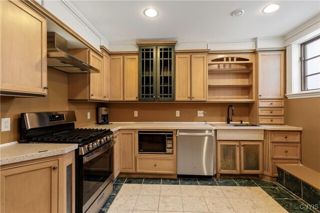 1208 James St, Syracuse, NY 13203 - kitchen featuring appliances with stainless steel finishes, sink, light tile patterned floors, light stone counters, and wall chimney exhaust hood