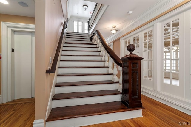 1208 James St, Syracuse, NY 13203 - staircase with elevator, ornamental molding, and hardwood / wood-style floors