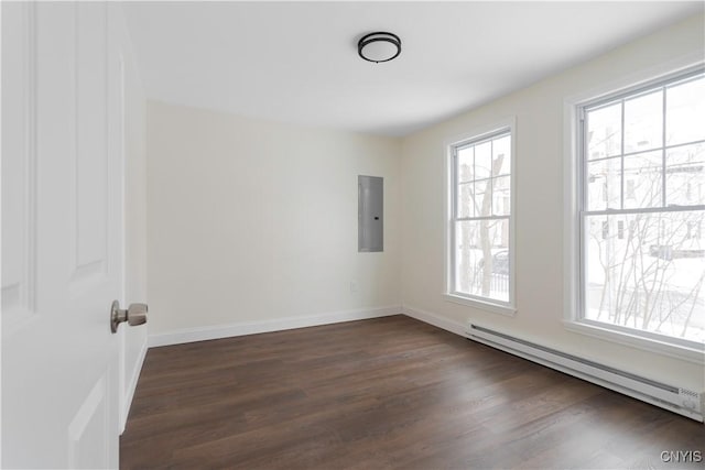 1208 James St, Syracuse, NY 13203 - empty room with dark hardwood / wood-style floors, electric panel, and baseboard heating