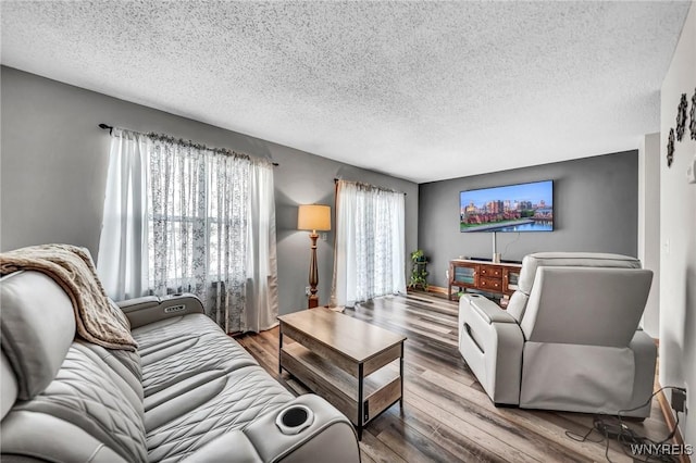 living room featuring hardwood / wood-style flooring and a textured ceiling