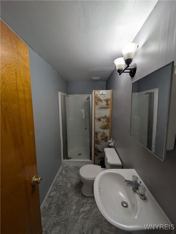 bathroom with an enclosed shower, sink, and toilet