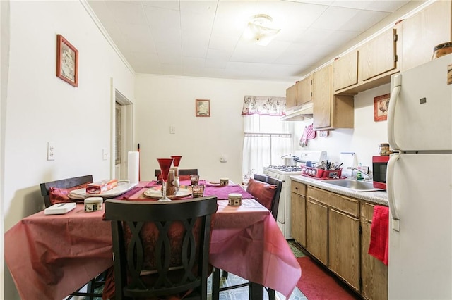 kitchen featuring ornamental molding, sink, and white appliances