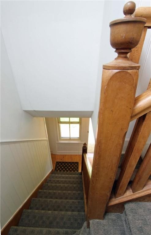 stairs featuring carpet flooring