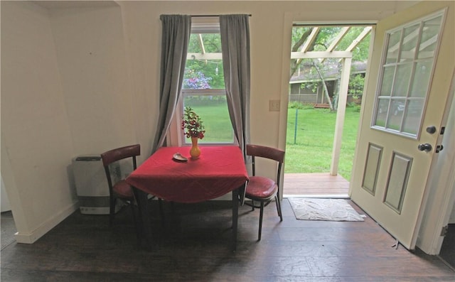 dining space with dark hardwood / wood-style flooring