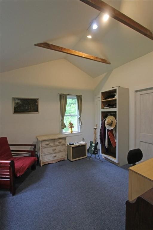 sitting room with dark colored carpet and vaulted ceiling