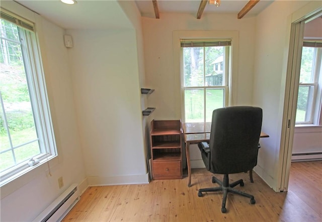 home office featuring a healthy amount of sunlight, a baseboard heating unit, and light hardwood / wood-style flooring