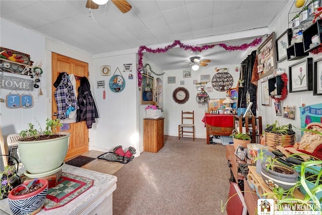 miscellaneous room with ornamental molding and ceiling fan