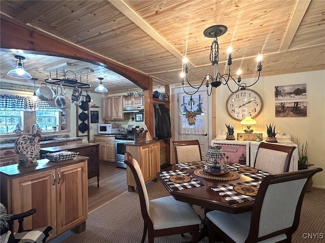 dining area with beam ceiling, dark wood-type flooring, sink, and wood ceiling