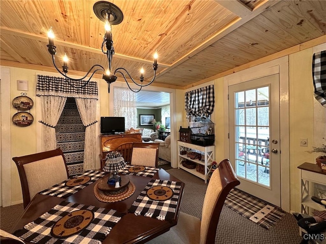 dining area with wood ceiling, carpet flooring, beam ceiling, and wood walls