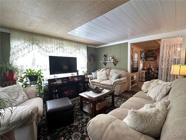 living room with wood ceiling