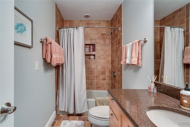 full bathroom featuring vanity, tile patterned flooring, shower / bath combination with curtain, and toilet