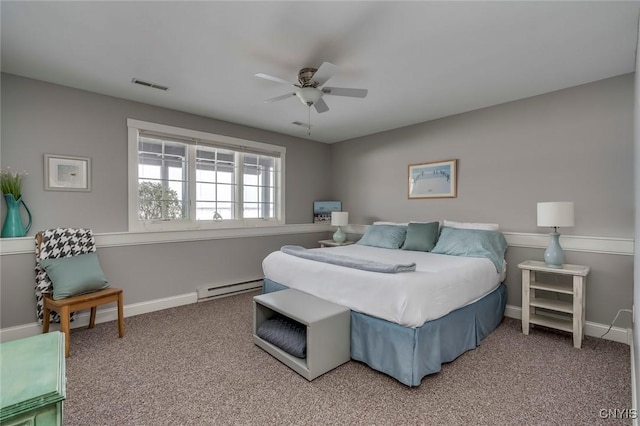 bedroom featuring a baseboard radiator, ceiling fan, and carpet flooring