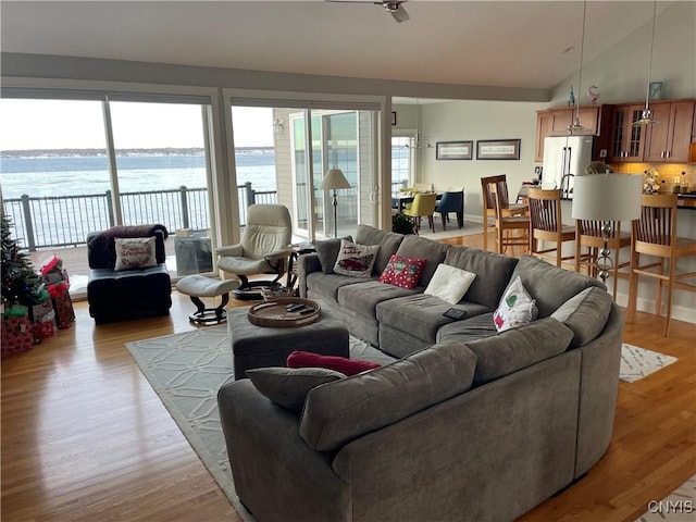 living room featuring a water view, lofted ceiling, and light wood-type flooring